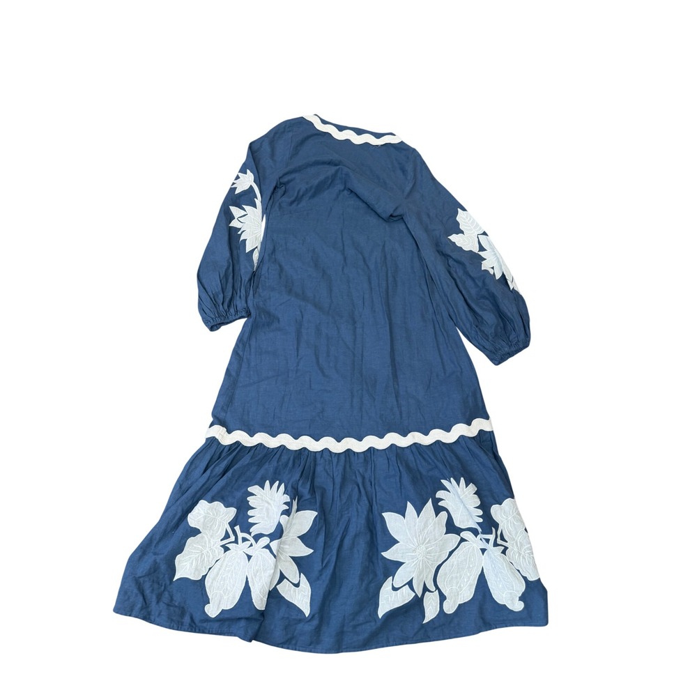Farm Rio Anthropologie Blue Linen Blend Embroidered Pineapple Maxi Dress M NWT - Picture 2 of 5